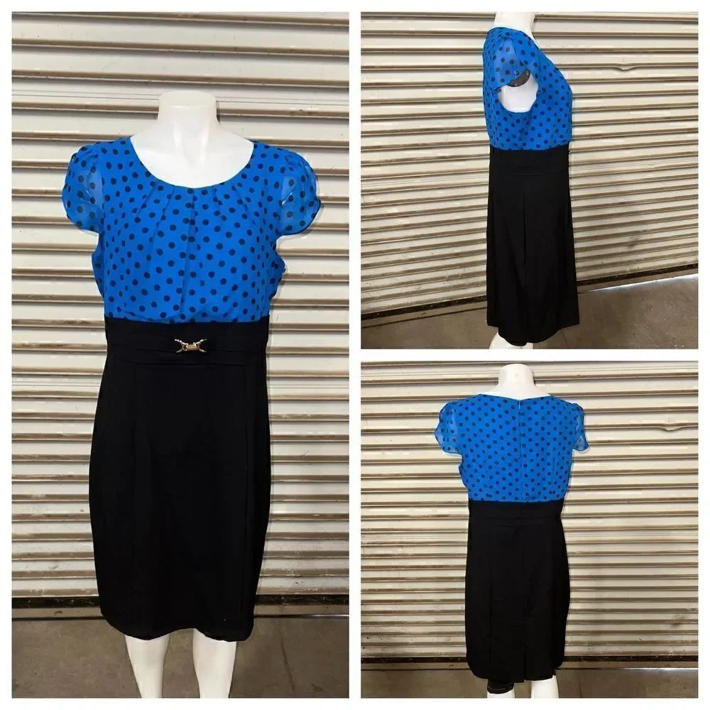 Alyx dress career evening cap sleeve black with blue and black polka dots sz 14